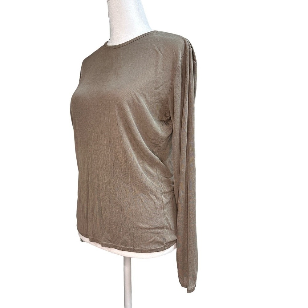 Banana Republic Women Medium Taupe 100% Silk Knit Long‎ Sleeve Crew Neck Top 90s - Picture 2 of 6